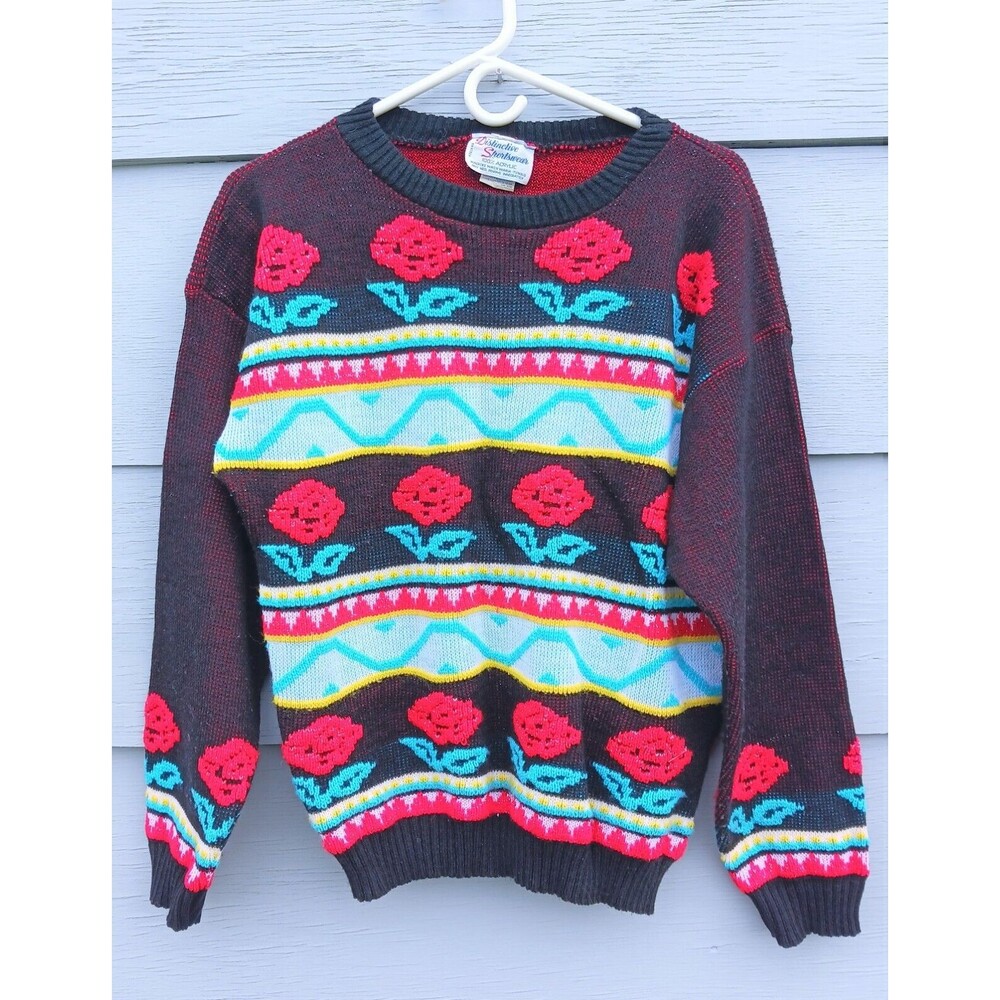 Vintage 80's Acrylic sweater, Distinctive Sportswear, size L, Roses Cottage core